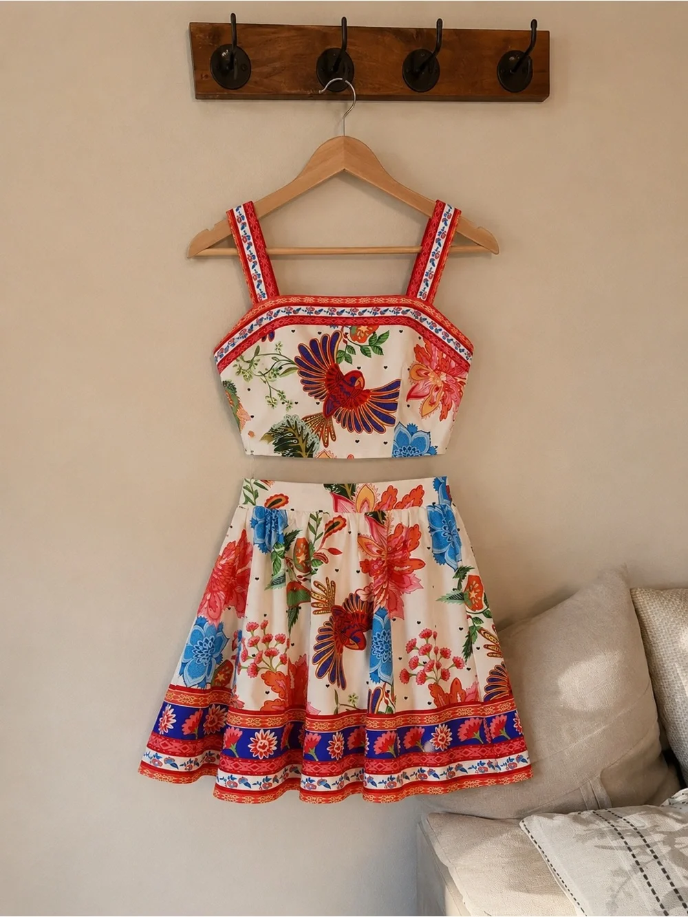NEW! Floral Bird Print Two-Piece Crop Top & Skater Skirt Set | Size Small